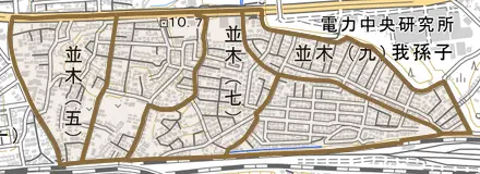 並木とその周辺の地図。町の範囲を重ねている