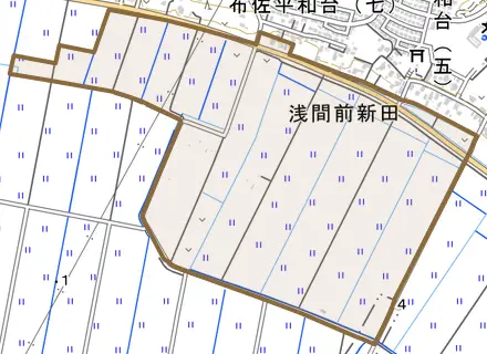 大作新田とその周辺の地図。町の範囲を重ねている