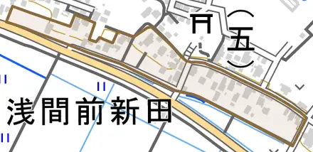 浅間前新田とその周辺の地図。町の範囲を重ねている