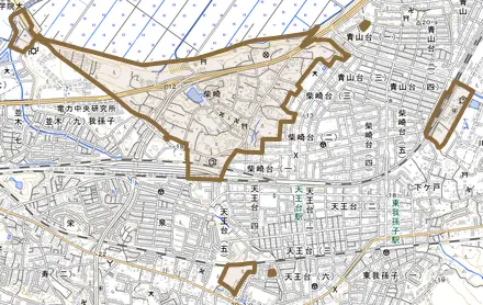 柴崎とその周辺の地図。町の範囲を重ねている