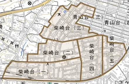 柴崎台とその周辺の地図。町の範囲を重ねている