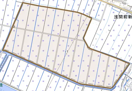 下沼田とその周辺の地図。町の範囲を重ねている
