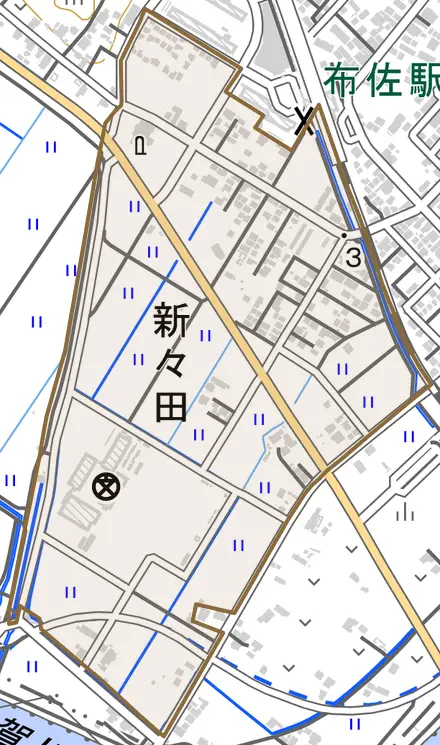 新々田とその周辺の地図。町の範囲を重ねている
