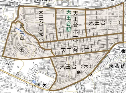 天王台とその周辺の地図。町の範囲を重ねている