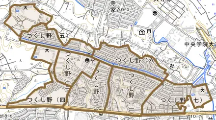 つくし野とその周辺の地図。町の範囲を重ねている