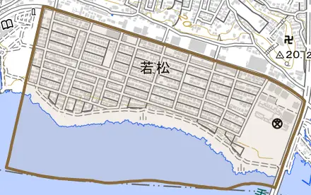 若松とその周辺の地図。町の範囲を重ねている