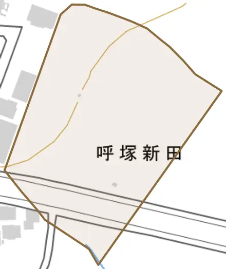呼塚新田とその周辺の地図。町の範囲を重ねている