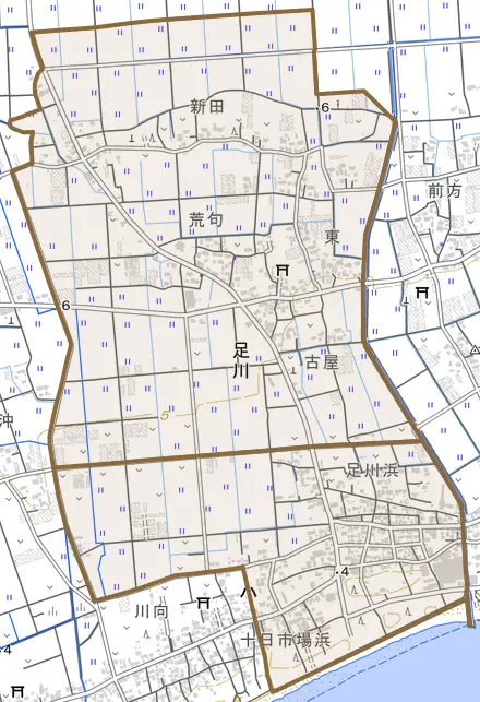 足川とその周辺の地図。町の範囲を重ねている