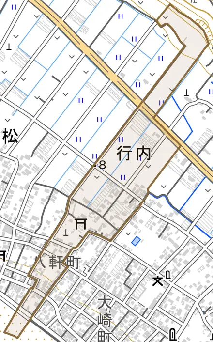 行内とその周辺の地図。町の範囲を重ねている
