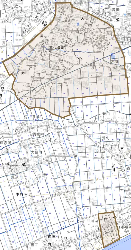 ハとその周辺の地図。町の範囲を重ねている