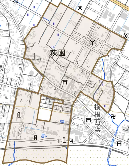 萩園とその周辺の地図。町の範囲を重ねている
