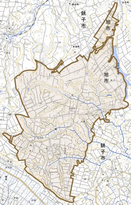 塙とその周辺の地図。町の範囲を重ねている
