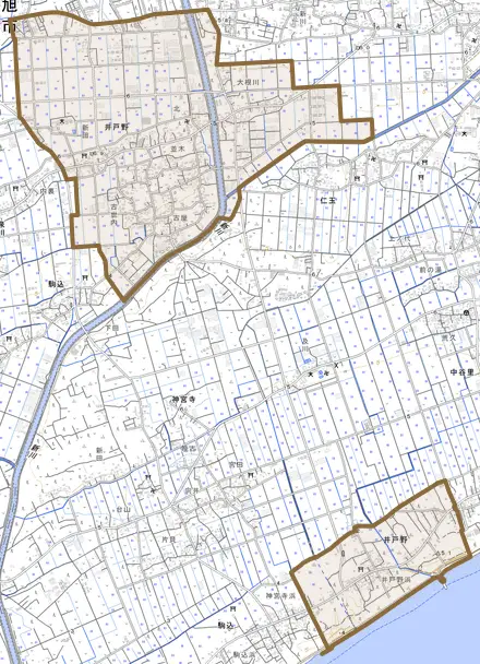 井戸野とその周辺の地図。町の範囲を重ねている