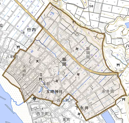 飯岡とその周辺の地図。町の範囲を重ねている