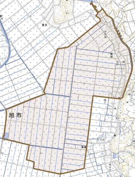 幾世とその周辺の地図。町の範囲を重ねている