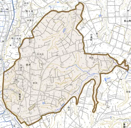 岩井とその周辺の地図。町の範囲を重ねている