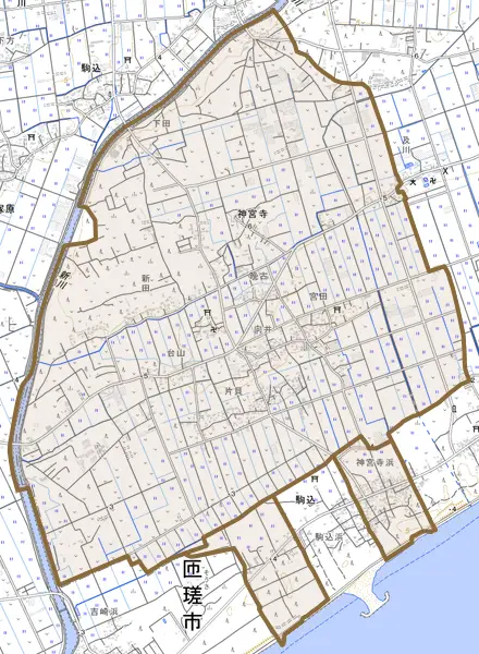 神宮寺とその周辺の地図。町の範囲を重ねている