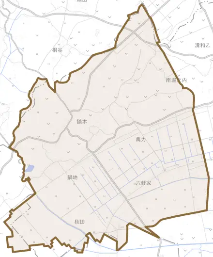 鏑木とその周辺の地図。町の範囲を重ねている