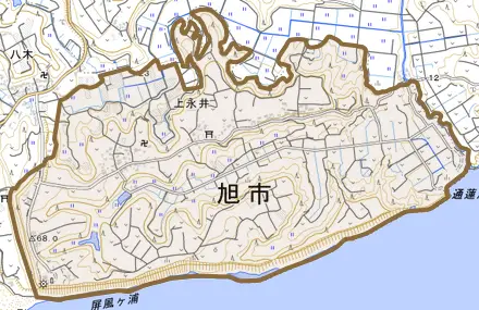 上永井とその周辺の地図。町の範囲を重ねている