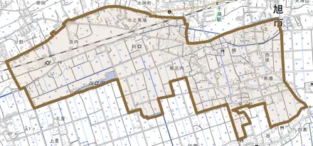 川口とその周辺の地図。町の範囲を重ねている