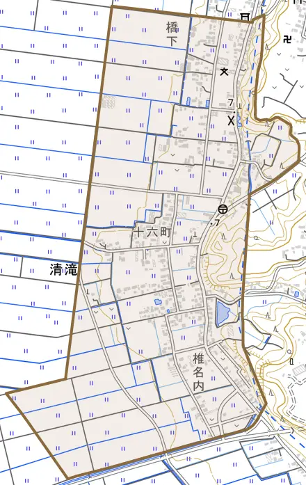 清滝とその周辺の地図。町の範囲を重ねている
