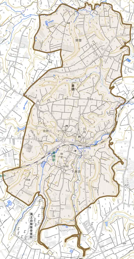 倉橋とその周辺の地図。町の範囲を重ねている