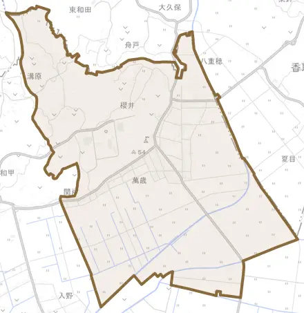 萬歳とその周辺の地図。町の範囲を重ねている