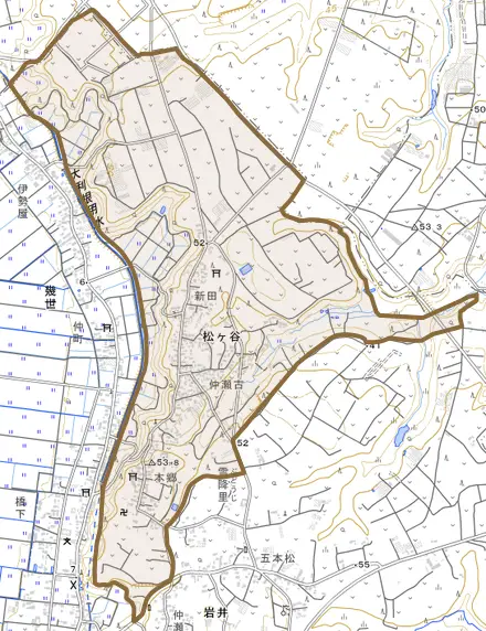 松ケ谷とその周辺の地図。町の範囲を重ねている