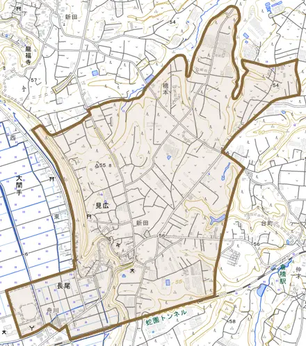 見広とその周辺の地図。町の範囲を重ねている