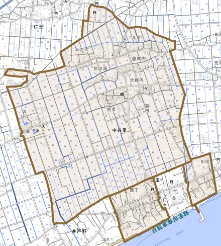 中谷里とその周辺の地図。町の範囲を重ねている