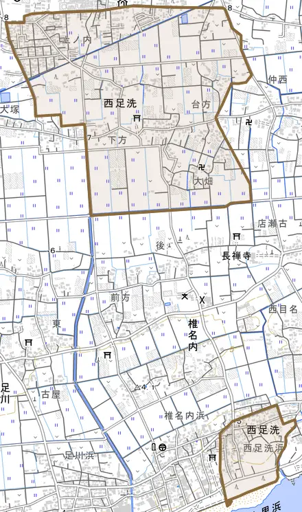 西足洗とその周辺の地図。町の範囲を重ねている