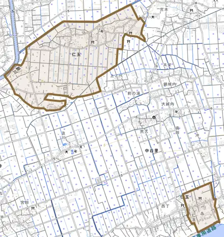 仁玉とその周辺の地図。町の範囲を重ねている