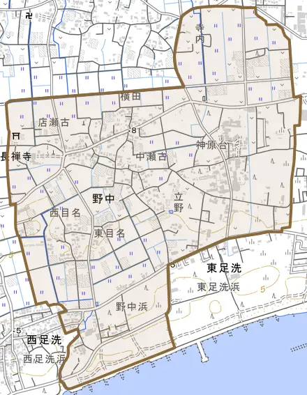 野中とその周辺の地図。町の範囲を重ねている