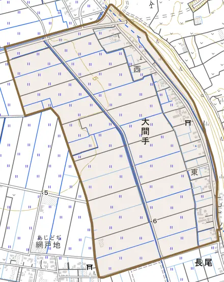 大間手とその周辺の地図。町の範囲を重ねている