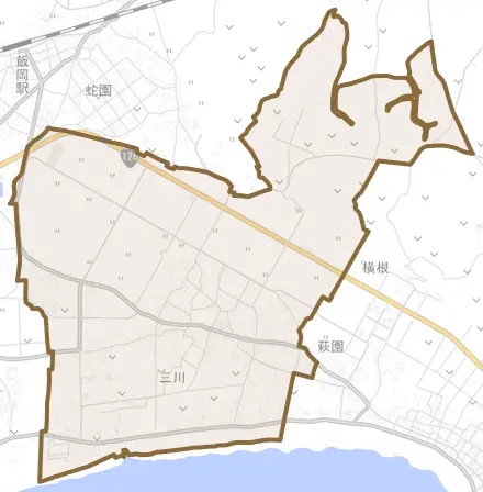 三川とその周辺の地図。町の範囲を重ねている