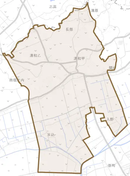 清和甲とその周辺の地図。町の範囲を重ねている