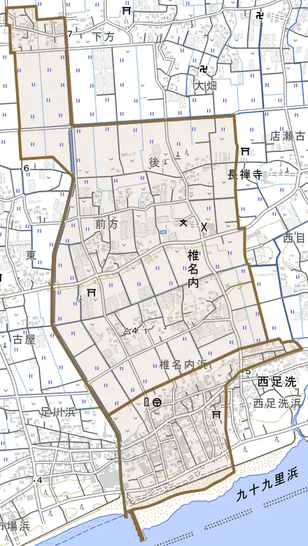 椎名内とその周辺の地図。町の範囲を重ねている