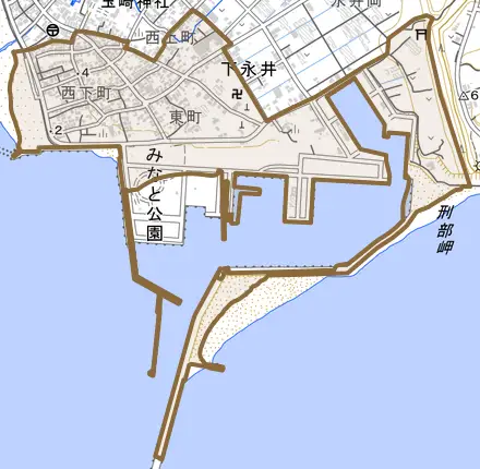 下永井とその周辺の地図。町の範囲を重ねている