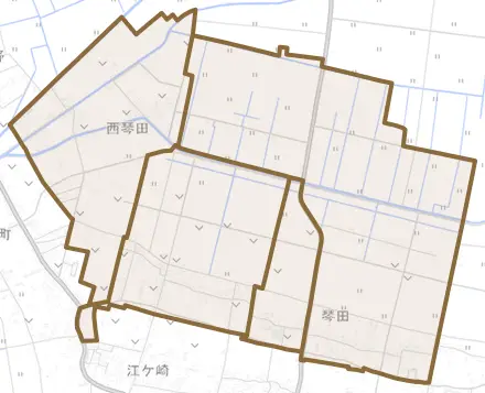 琴田とその周辺の地図。町の範囲を重ねている
