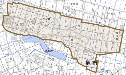 江ケ崎とその周辺の地図。町の範囲を重ねている