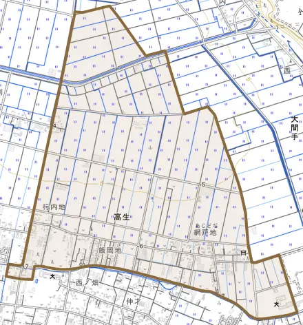 高生とその周辺の地図。町の範囲を重ねている