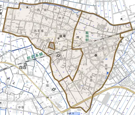 後草とその周辺の地図。町の範囲を重ねている