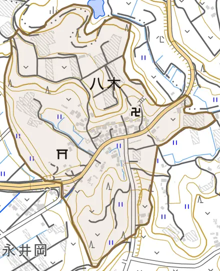 八木とその周辺の地図。町の範囲を重ねている