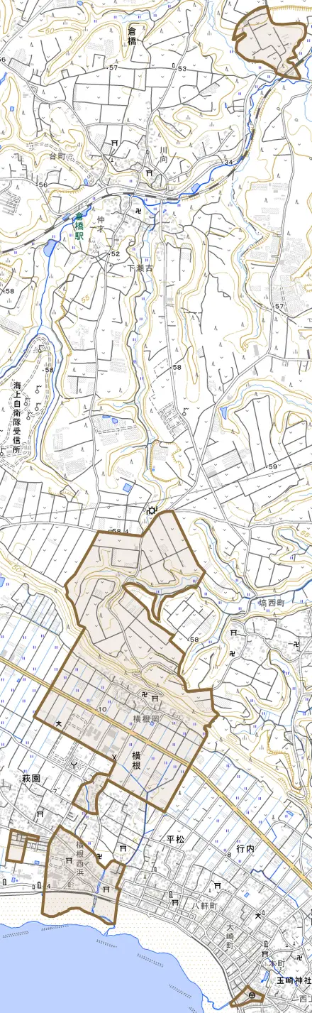 横根とその周辺の地図。町の範囲を重ねている