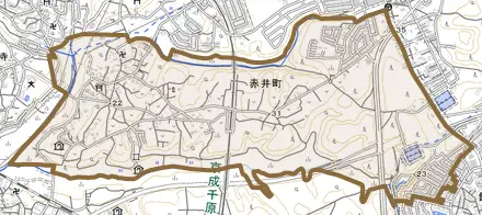 赤井町とその周辺の地図。町の範囲を重ねている