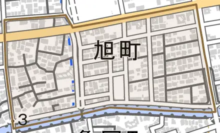 旭町とその周辺の地図。町の範囲を重ねている