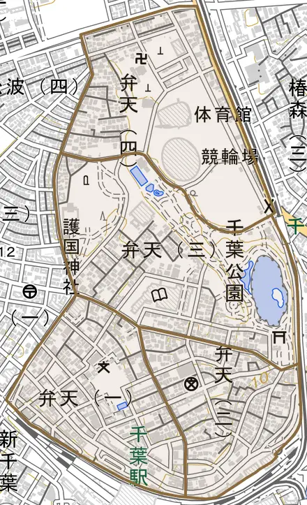 弁天とその周辺の地図。町の範囲を重ねている