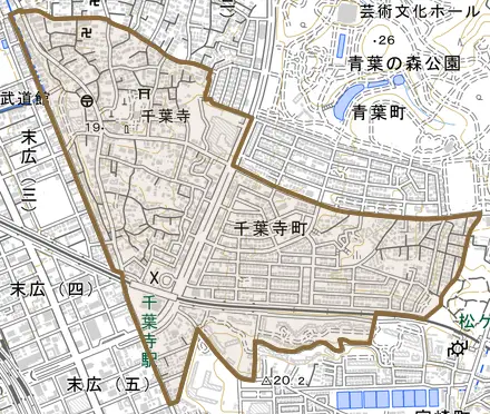 千葉寺町とその周辺の地図。町の範囲を重ねている