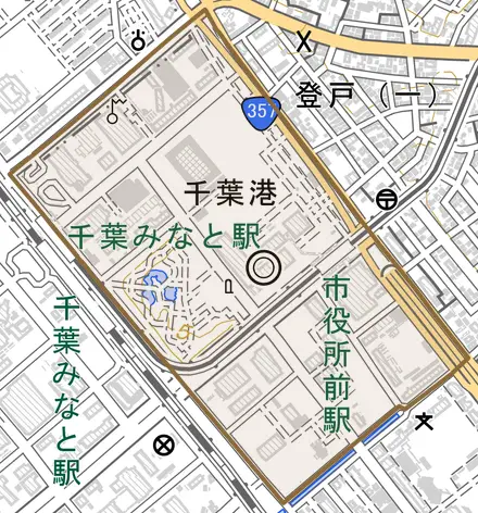 千葉港とその周辺の地図。町の範囲を重ねている