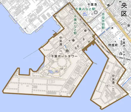 中央港とその周辺の地図。町の範囲を重ねている